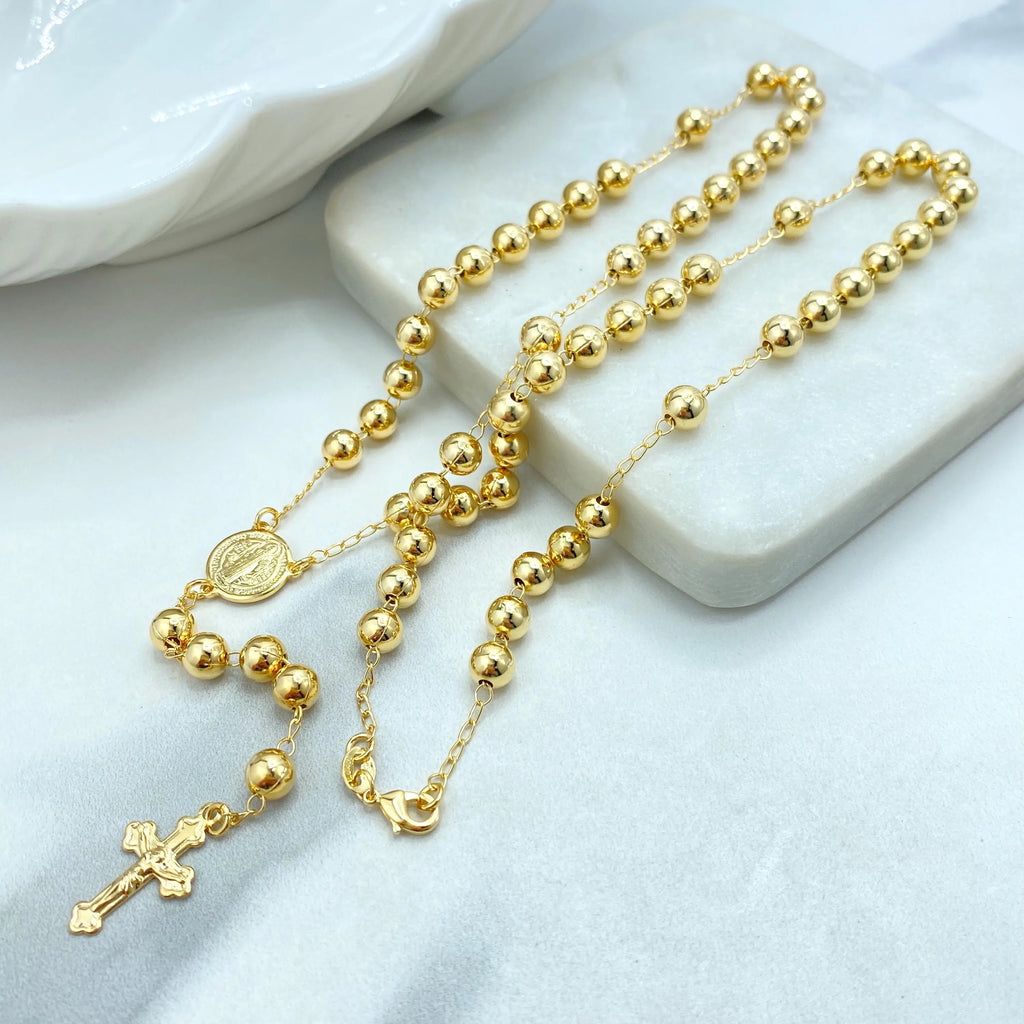 18k Gold Filled Rosary Necklace, San Benito Beaded Rosary, Catholic Rosary, Cross Pendant, Religious Jewelry Wholesale