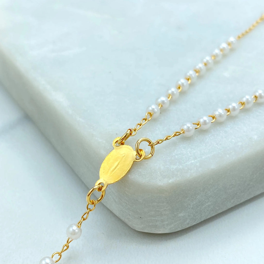 18k Gold Filled Simulated Pearls Linked Rosary Necklace La Milagrosa, Miraculous Virgin