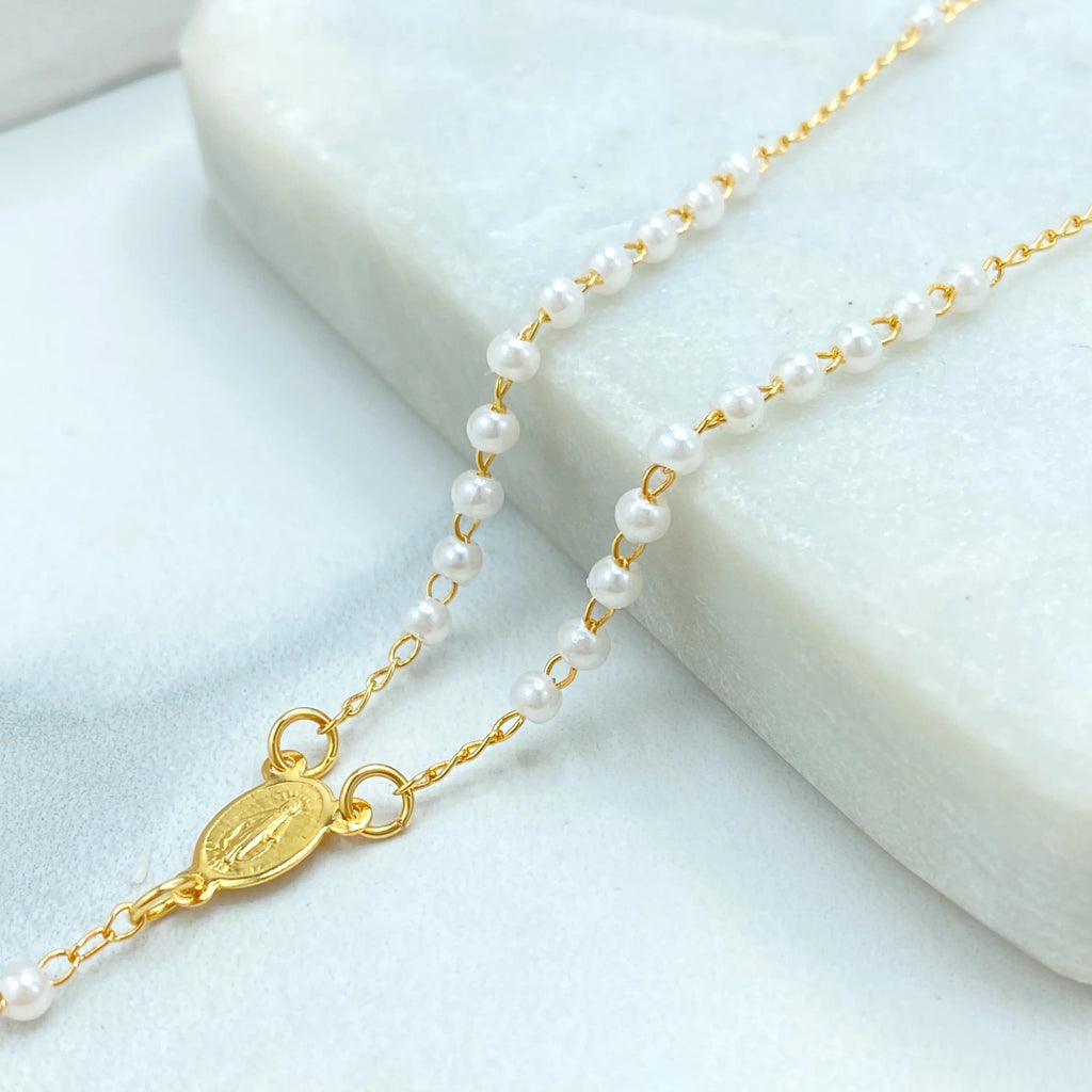 18k Gold Filled Simulated Pearls Linked Rosary Necklace La Milagrosa, Miraculous Virgin