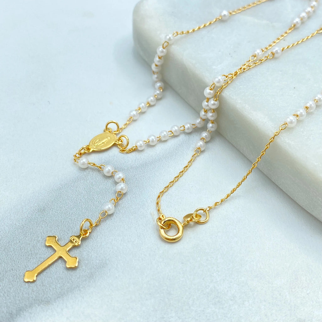 18k Gold Filled Simulated Pearls Linked Rosary Necklace La Milagrosa, Miraculous Virgin