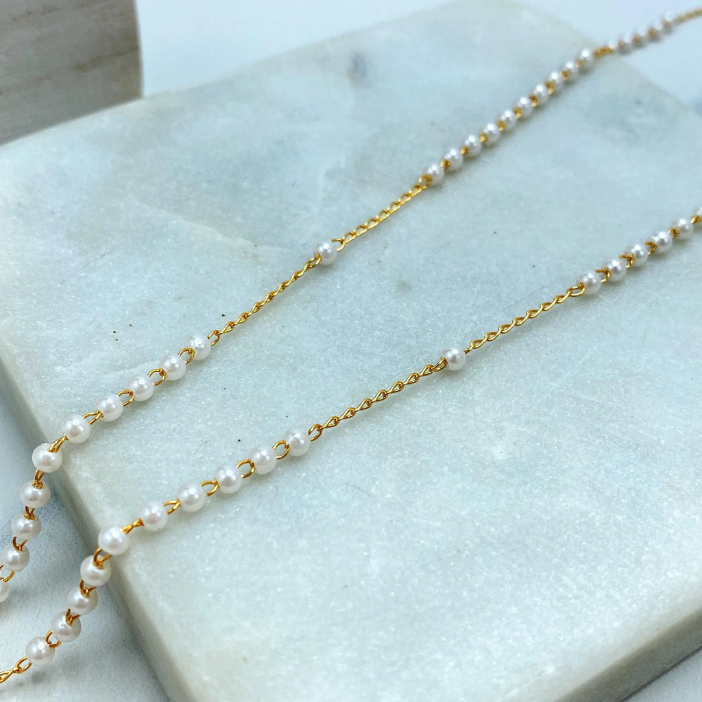 18k Gold Filled Simulated Pearls Linked Rosary Necklace La Milagrosa, Miraculous Virgin