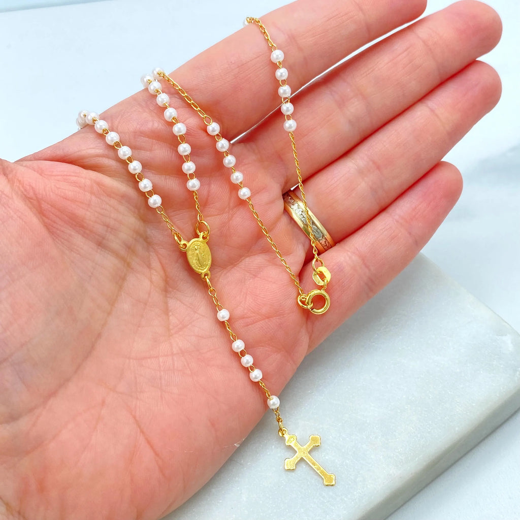 18k Gold Filled Simulated Pearls Linked Rosary Necklace La Milagrosa, Miraculous Virgin
