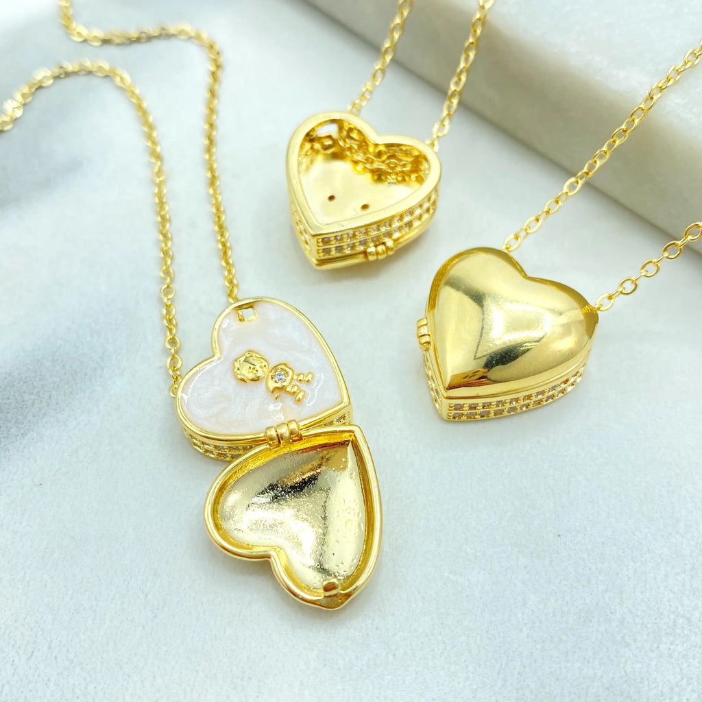 18k Gold Filled CZ Heart Locket Necklace, Boy or Girl Kids Necklace for Mom, Mother Jewelry Gift, Family Pendant