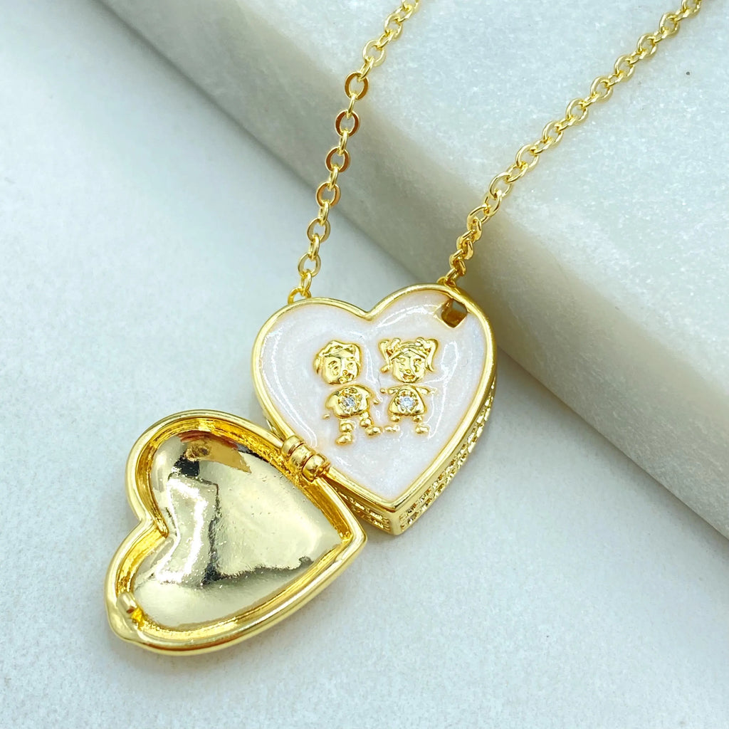18k Gold Filled CZ Heart Locket Necklace, Boy or Girl Kids Necklace for Mom, Mother Jewelry Gift, Family Pendant