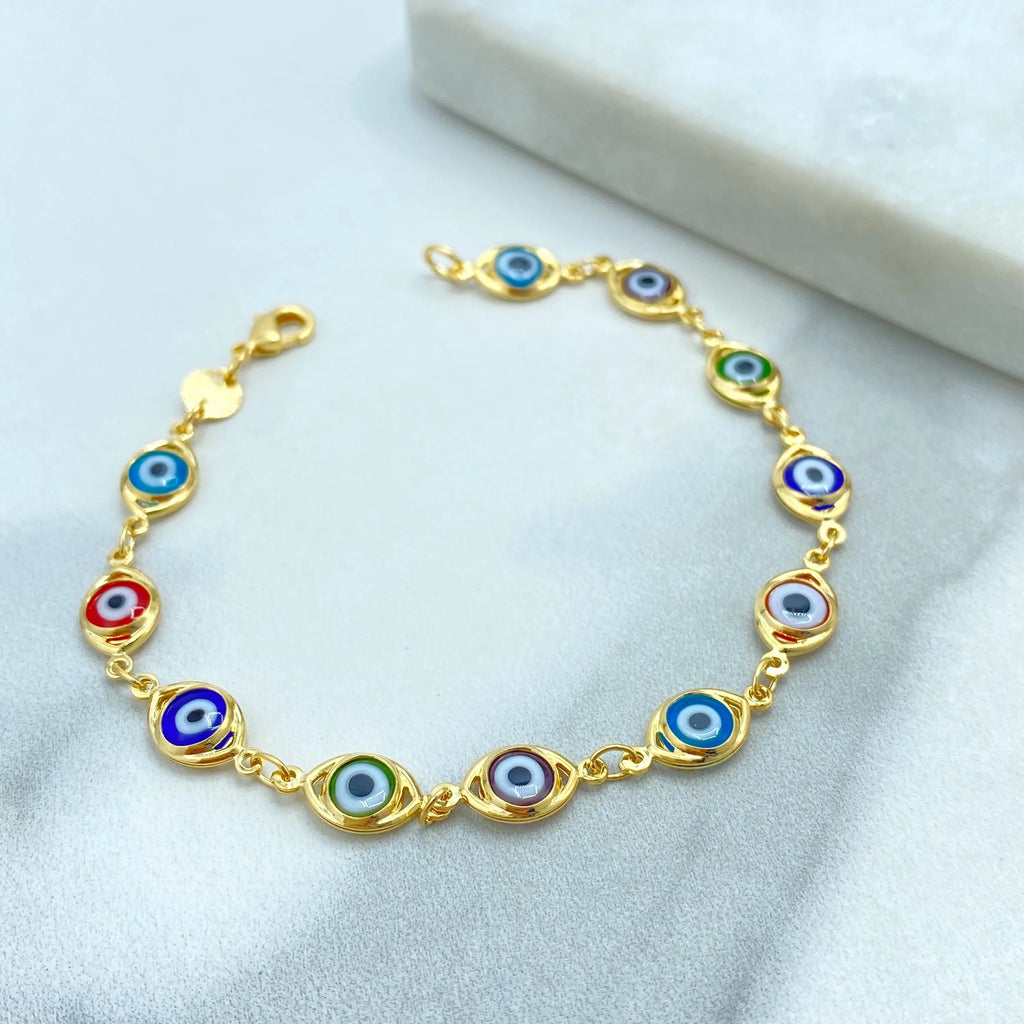 18k Gold Filled Linked Multi-Color Evil Eye Bracelet, Colorful Protection Jewelry, Rainbow Nazar Bracelet