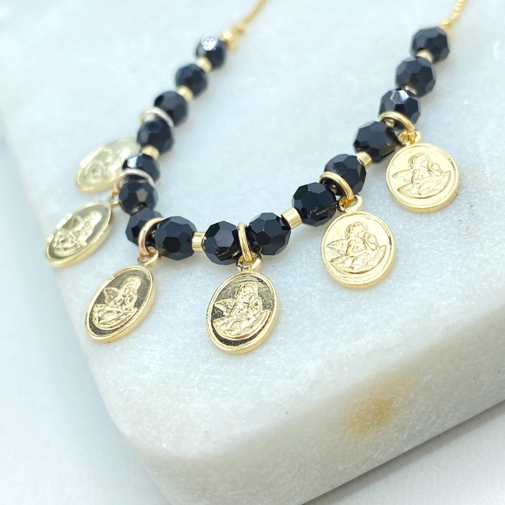 18k Gold Filled Kids Bracelet, Angel Charms Bracelet for Girls, Black Beads Religious Jewelry, Catholic Gift