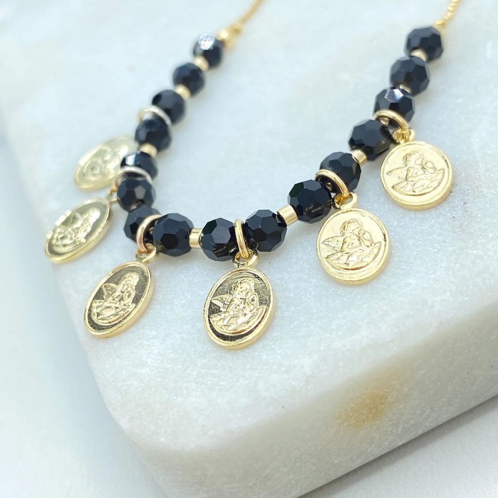 18k Gold Filled Kids Bracelet, Angel Charms Bracelet for Girls, Black Beads Religious Jewelry, Catholic Gift