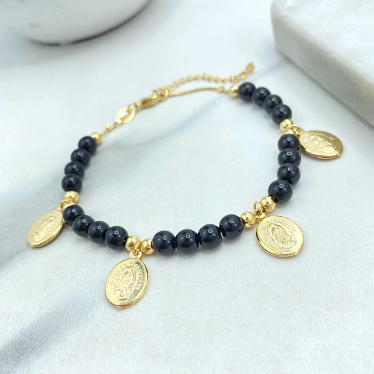 18k Gold Filled Bracelet, Beaded Guadalupe Medals with Black Beads Bracelet, Religious Jewelry, Faith Gift for Her