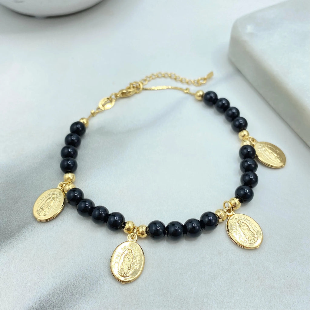 18k Gold Filled Bracelet, Beaded Guadalupe Medals with Black Beads Bracelet, Religious Jewelry, Faith Gift for Her