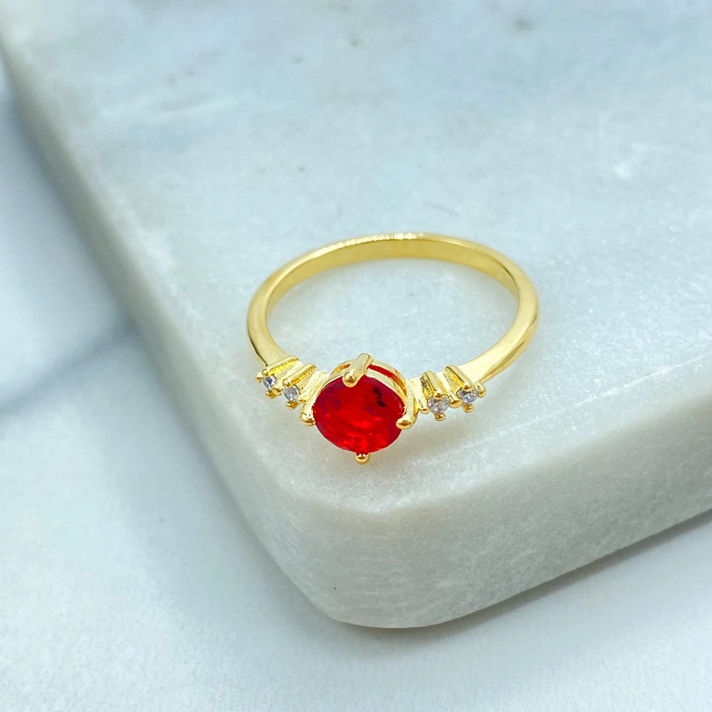 18k Gold Filled Ring, Dainty Round Cut Simulated Ruby, Amethyst or Emerald with CZ Side Accents, Minimalist Band