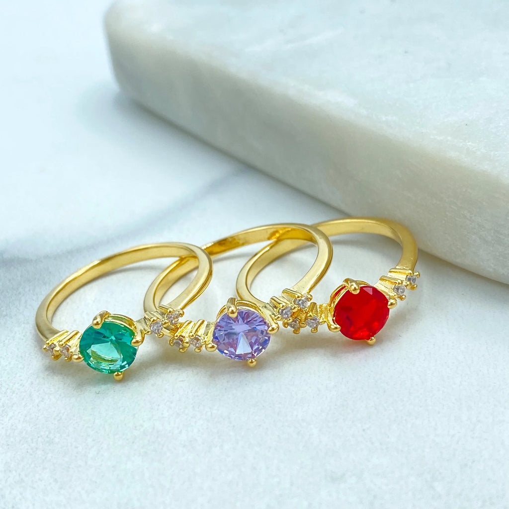 18k Gold Filled Ring, Dainty Round Cut Simulated Ruby, Amethyst or Emerald with CZ Side Accents, Minimalist Band