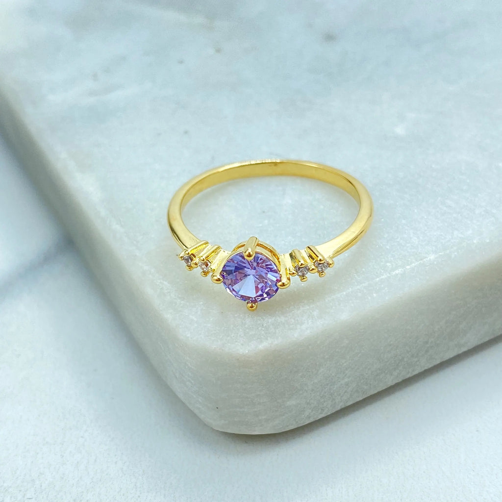 18k Gold Filled Ring, Dainty Round Cut Simulated Ruby, Amethyst or Emerald with CZ Side Accents, Minimalist Band
