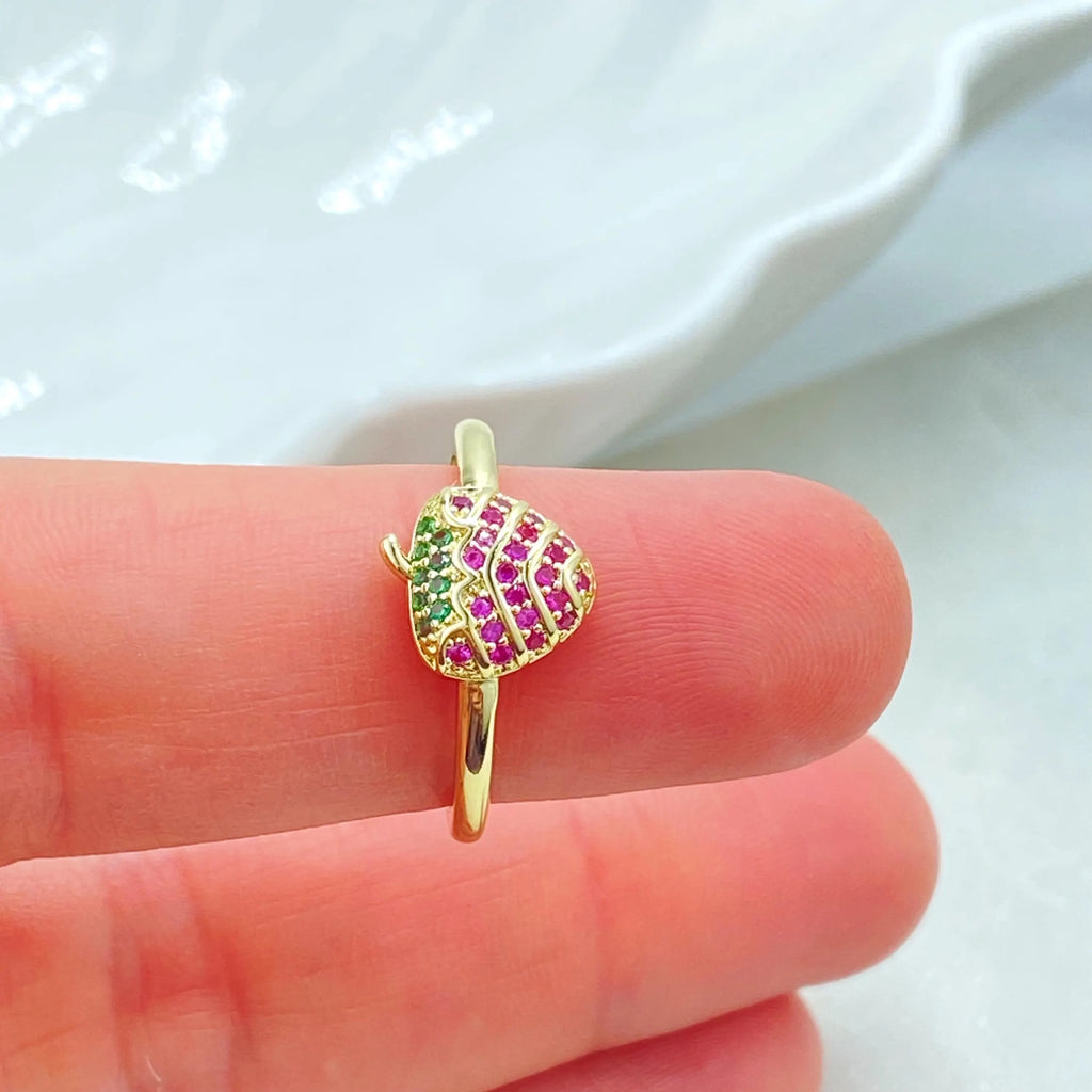 18k Gold Filled Strawberry Ring, Adjustable Fruit Ring, Pink & Green CZ Ring, Kawaii Gift for Her, Adjustable Ring