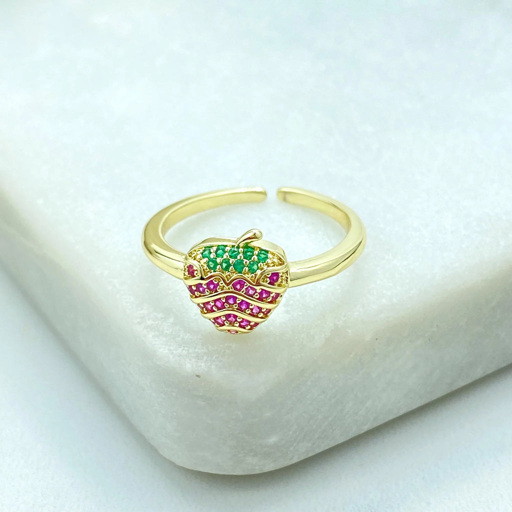 18k Gold Filled Strawberry Ring, Adjustable Fruit Ring, Pink & Green CZ Ring, Kawaii Gift for Her, Adjustable Ring