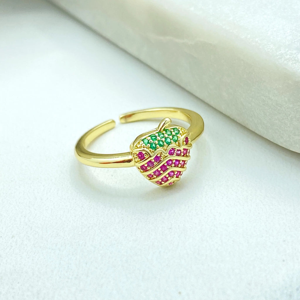 18k Gold Filled Strawberry Ring, Adjustable Fruit Ring, Pink & Green CZ Ring, Kawaii Gift for Her, Adjustable Ring