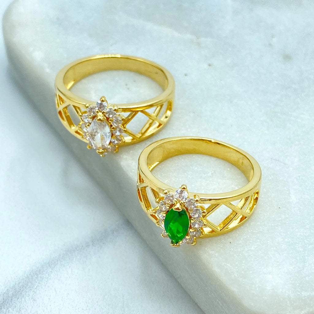 18k Gold Filled Ring, Marquise Cut Simulated Emerald or White Stone with CZ Halo Ring, Lattice Band Style, Gift for Her