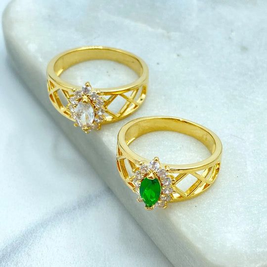 18k Gold Filled Ring, Marquise Cut Simulated Emerald or White Stone with CZ Halo Ring, Lattice Band Style, Gift for Her