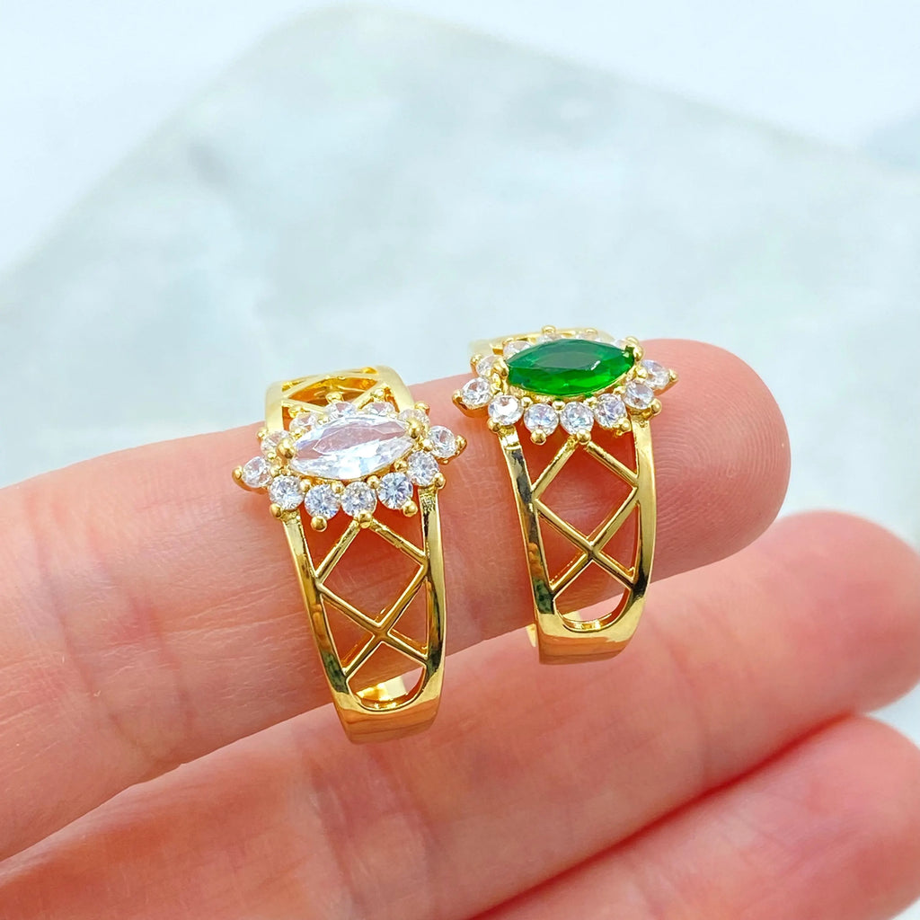 18k Gold Filled Ring, Marquise Cut Simulated Emerald or White Stone with CZ Halo Ring, Lattice Band Style, Gift for Her