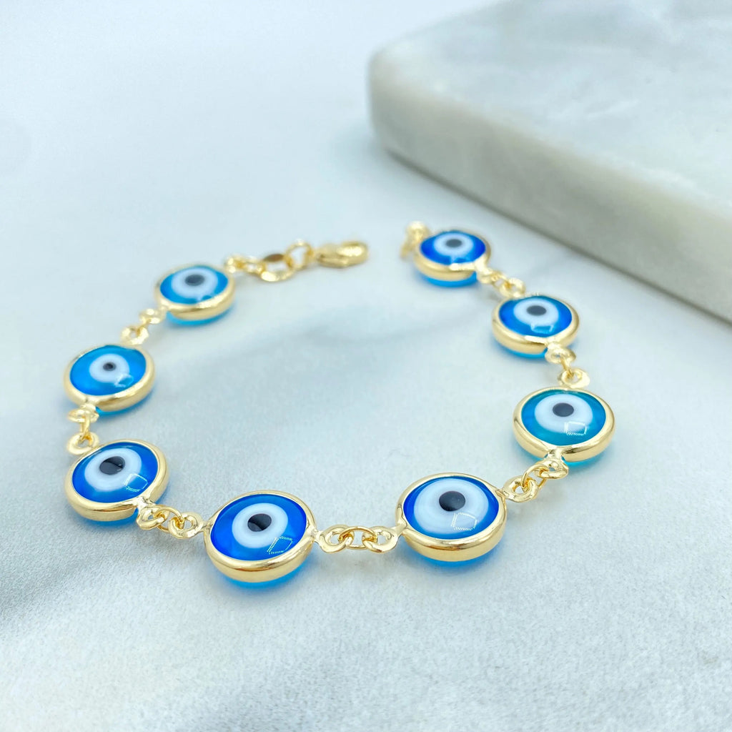 18k Gold Filled Linked Evil Eye Bracelet, Blue Protection Eyes, Gold Chain Bracelet, Turkish Nazar Jewelry