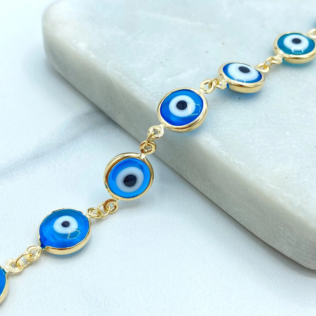 18k Gold Filled Linked Evil Eye Bracelet, Blue Protection Eyes, Gold Chain Bracelet, Turkish Nazar Jewelry