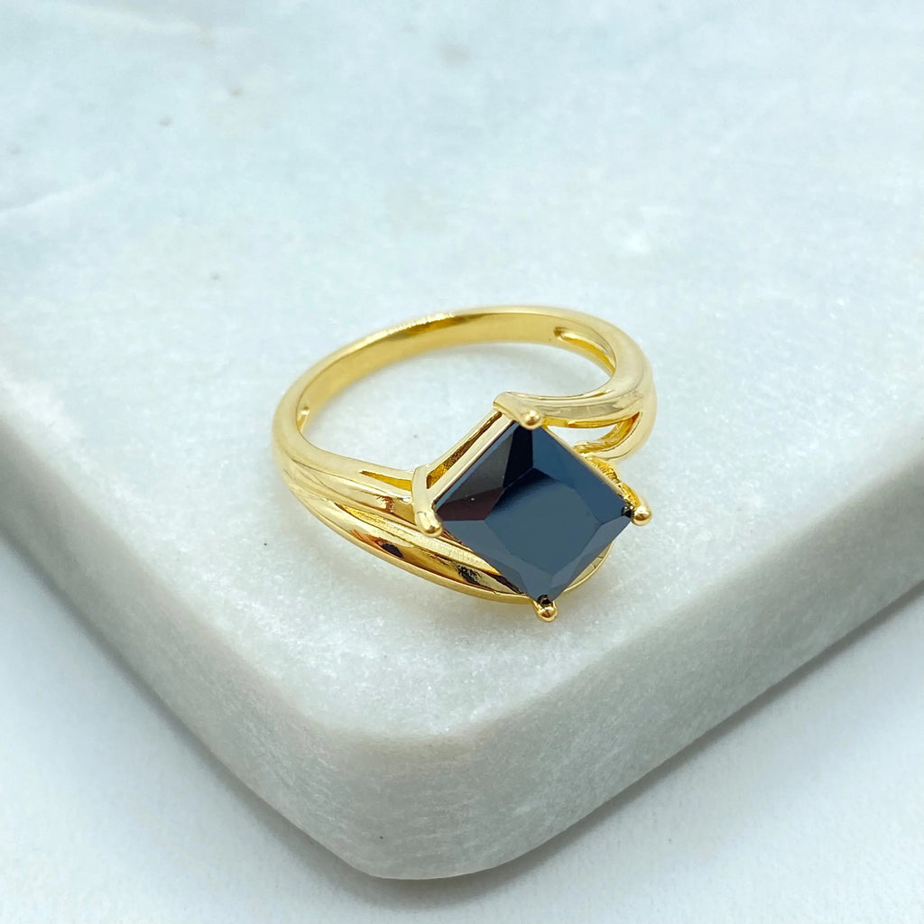 18k Gold Filled Black Stone Ring, Square Princess Cut Design, Bold Statement Jewelry, Modern Cocktail Ring, Gift for Her