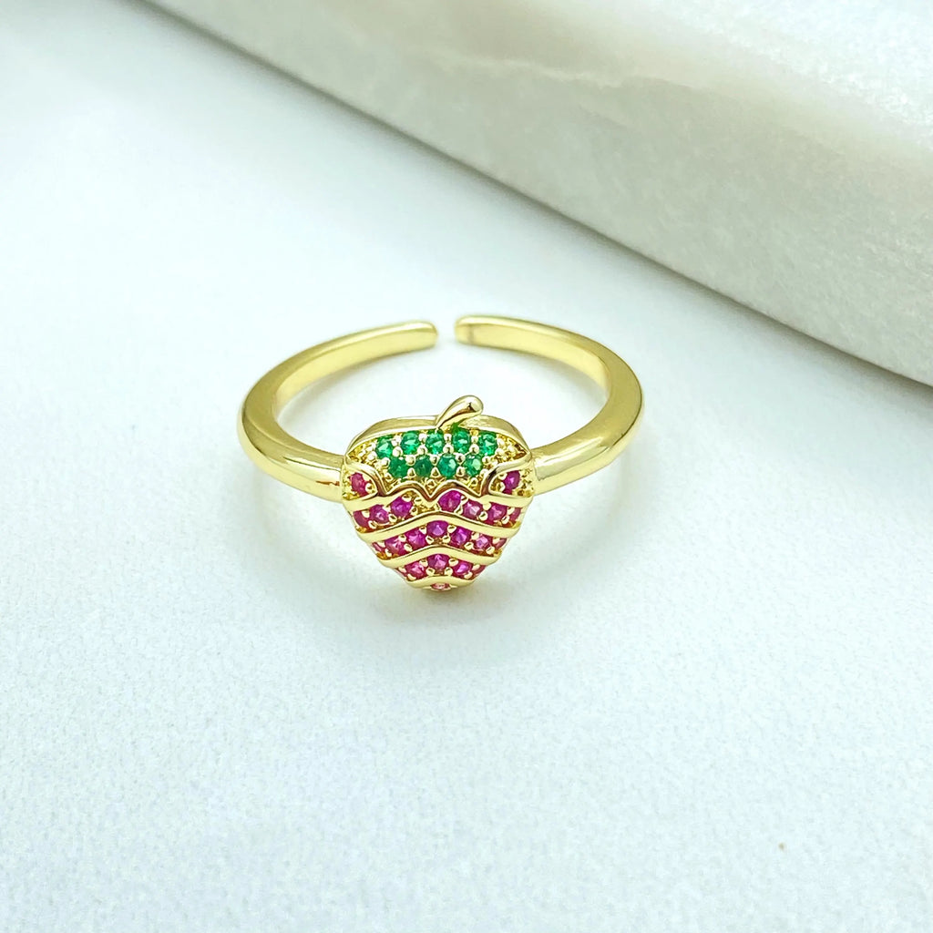 18k Gold Filled Strawberry Ring, Adjustable Fruit Ring, Pink & Green CZ Ring, Kawaii Gift for Her, Adjustable Ring