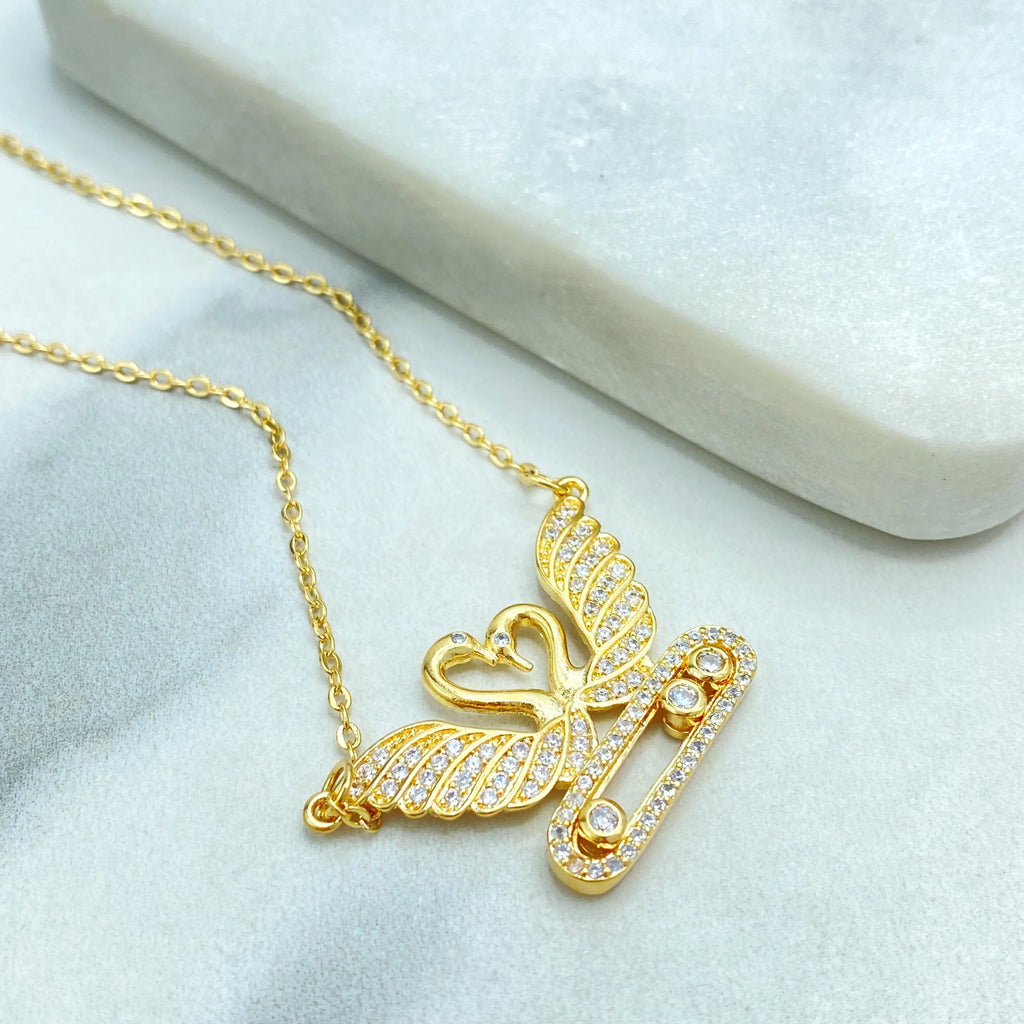 18k Gold Filled Necklace, Swan Heart Pendant with Moving CZ Stones, Adjustable Chain, Gift for Her