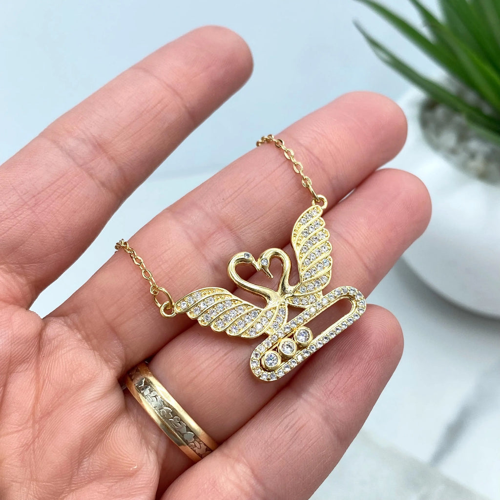 18k Gold Filled Necklace, Swan Heart Pendant with Moving CZ Stones, Adjustable Chain, Gift for Her