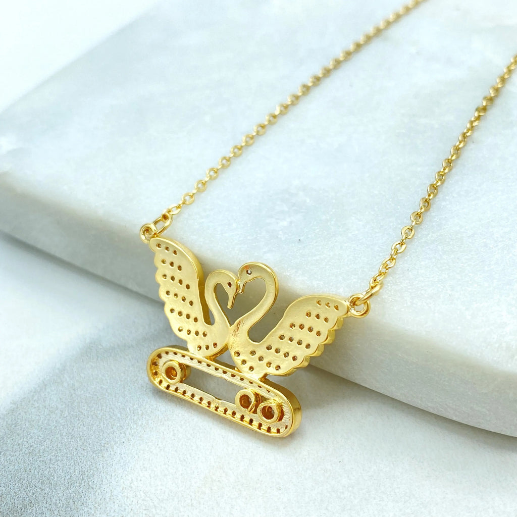18k Gold Filled Necklace, Swan Heart Pendant with Moving CZ Stones, Adjustable Chain, Gift for Her