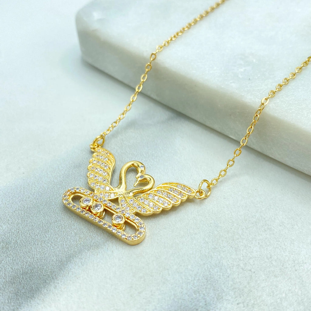 18k Gold Filled Necklace, Swan Heart Pendant with Moving CZ Stones, Adjustable Chain, Gift for Her