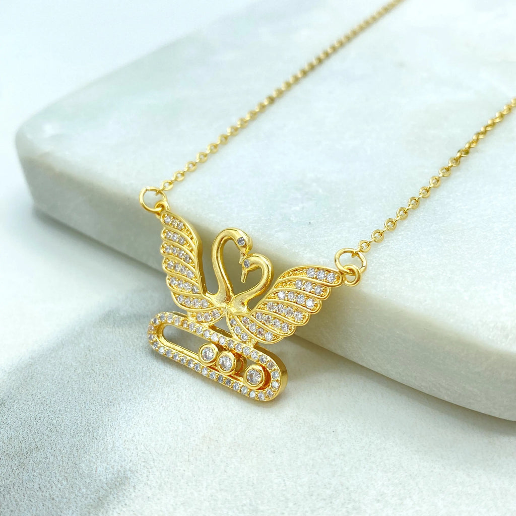 18k Gold Filled Necklace, Swan Heart Pendant with Moving CZ Stones, Adjustable Chain, Gift for Her