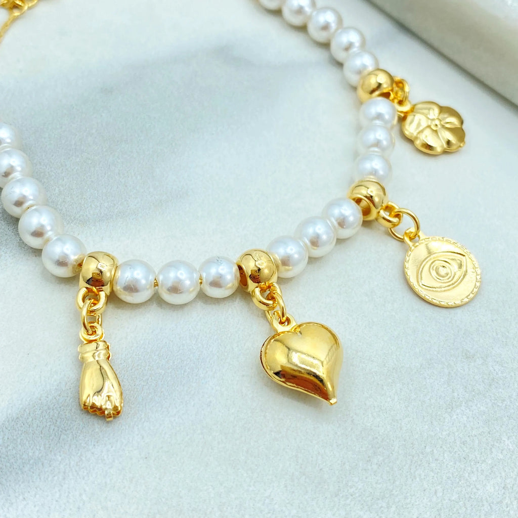 18k Gold Filled Bracelet, Simulated Pearls with Lucky Charms, Protection and Heart Charms, Lucky & Protection Bracelet