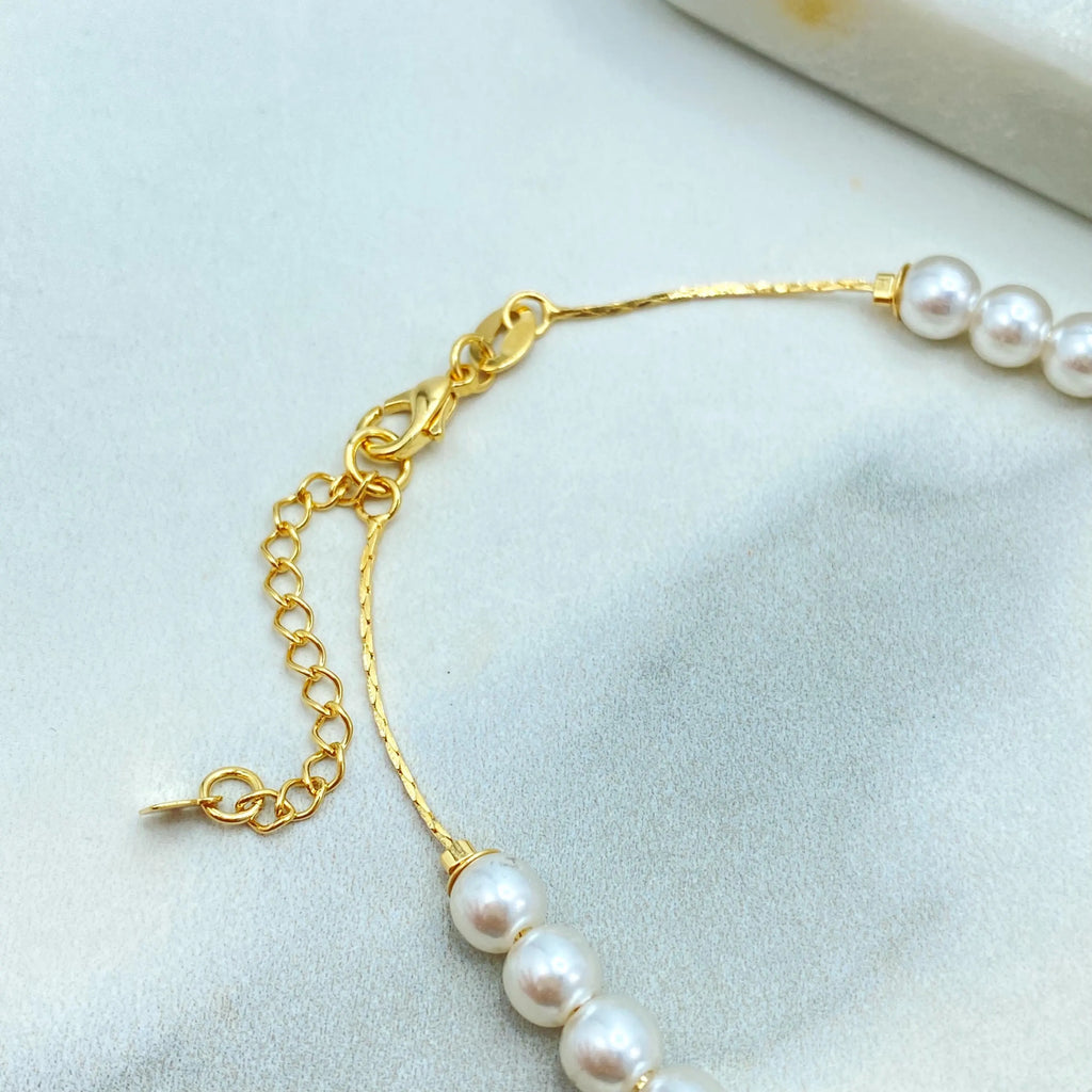 18k Gold Filled Bracelet, Simulated Pearls with Lucky Charms, Protection and Heart Charms, Lucky & Protection Bracelet