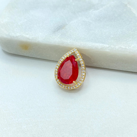 18k Gold Filled Pendant, Pear Shape Pendant with Simulated Ruby, Emerald, Aquamarine or Morganite, CZ Halo, Gift for Her