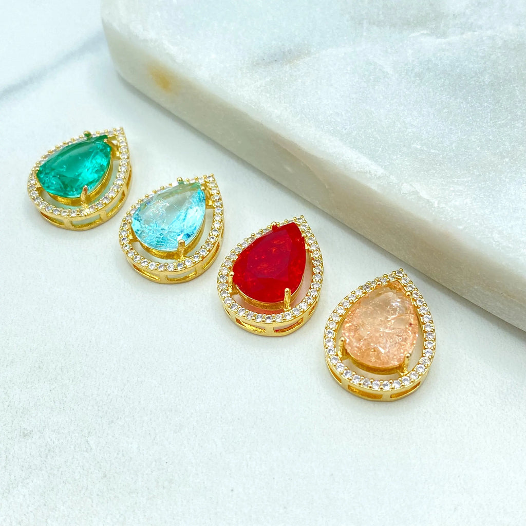 18k Gold Filled Pendant, Pear Shape Pendant with Simulated Ruby, Emerald, Aquamarine or Morganite, CZ Halo, Gift for Her