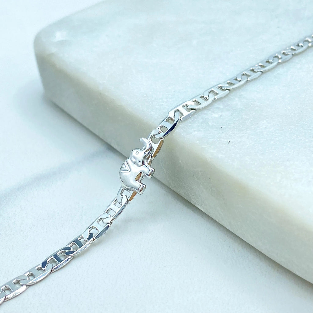 Silver Filled Elephant Necklace, 3.5mm Mariner Link Chain with Elephant Charms, 17.5" Long, Lucky Animal Jewelry