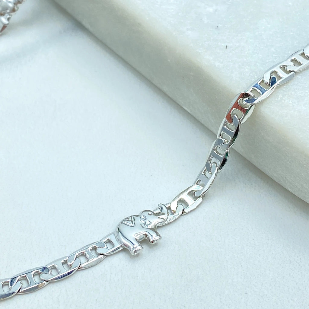 Silver Filled Elephant Necklace, 3.5mm Mariner Link Chain with Elephant Charms, 17.5" Long, Lucky Animal Jewelry