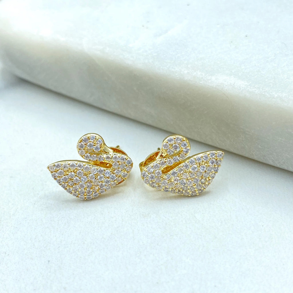 18k Gold Filled Swan Stud Earrings, CZ Pave Swan Earrings, Jumbo Push Back, Elegant Bird Studs, Sparkling Gift Idea