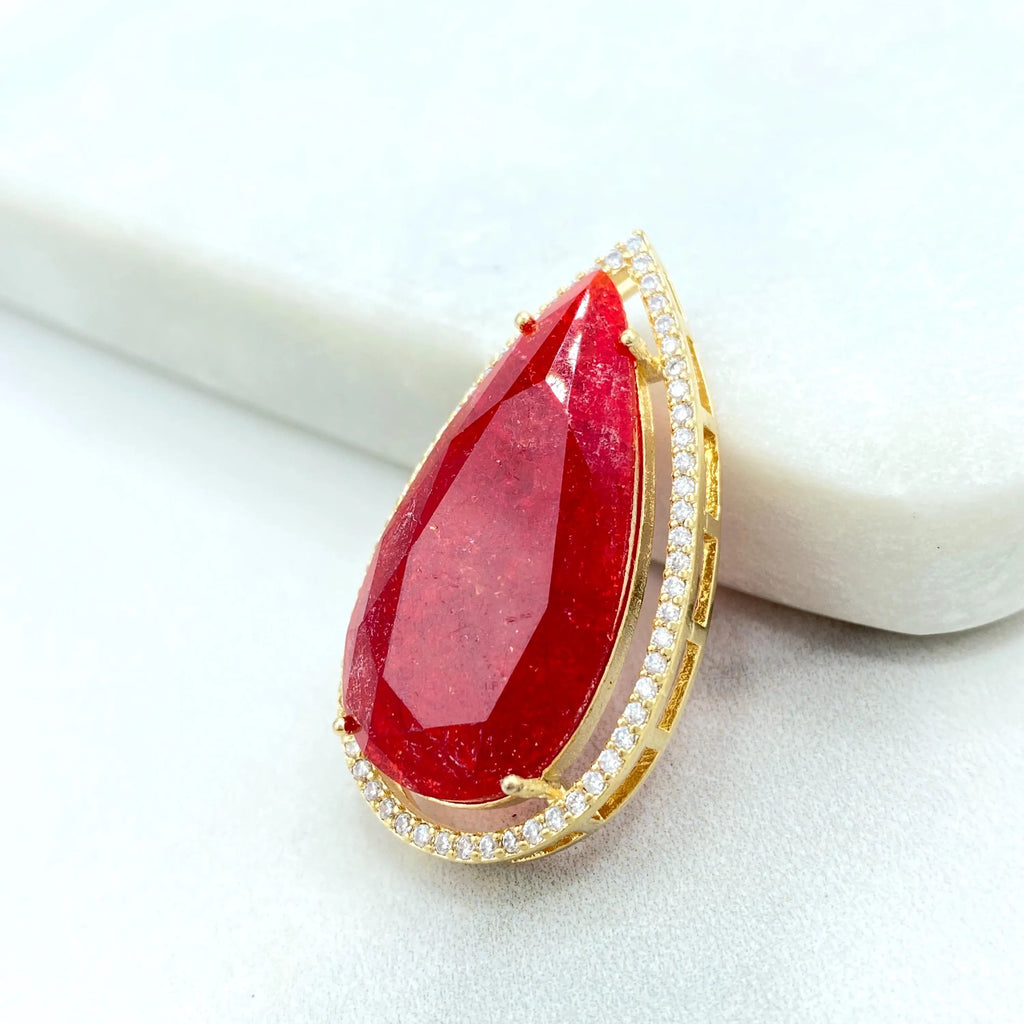 18k Gold Filled Pendant, Pear Shape Pendant with Simulated Ruby, Emerald, Blue Topaz or Black Diamond, CZ Halo