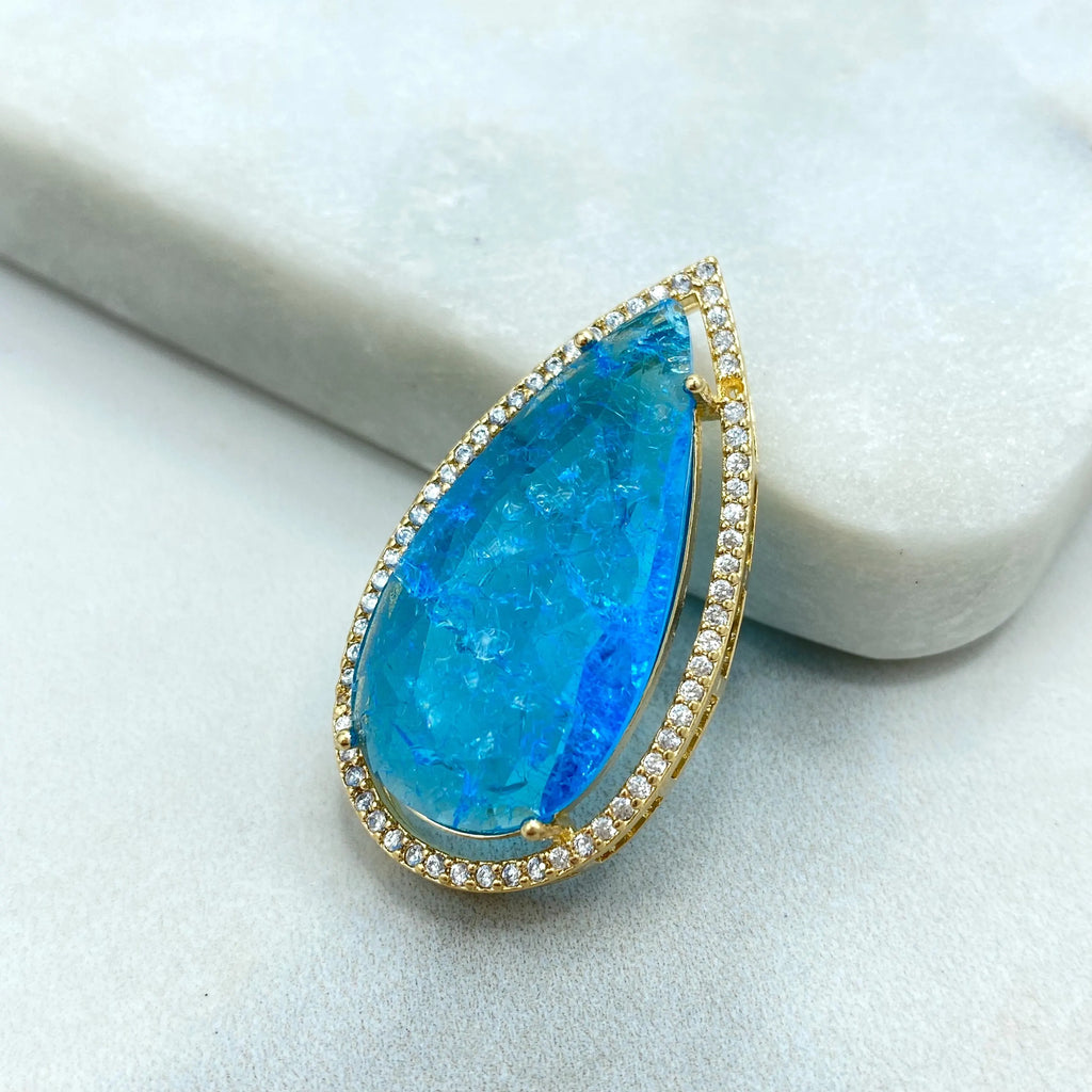 18k Gold Filled Pendant, Pear Shape Pendant with Simulated Ruby, Emerald, Blue Topaz or Black Diamond, CZ Halo