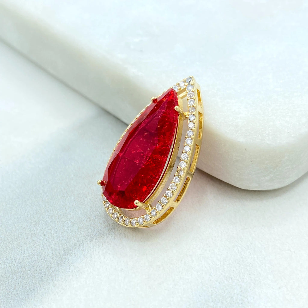 18k Gold Filled Pendant, Pear Shape Pendant with Simulated Emerald, Ruby, Sapphire or Aquamarine, CZ Halo, Gift for Her