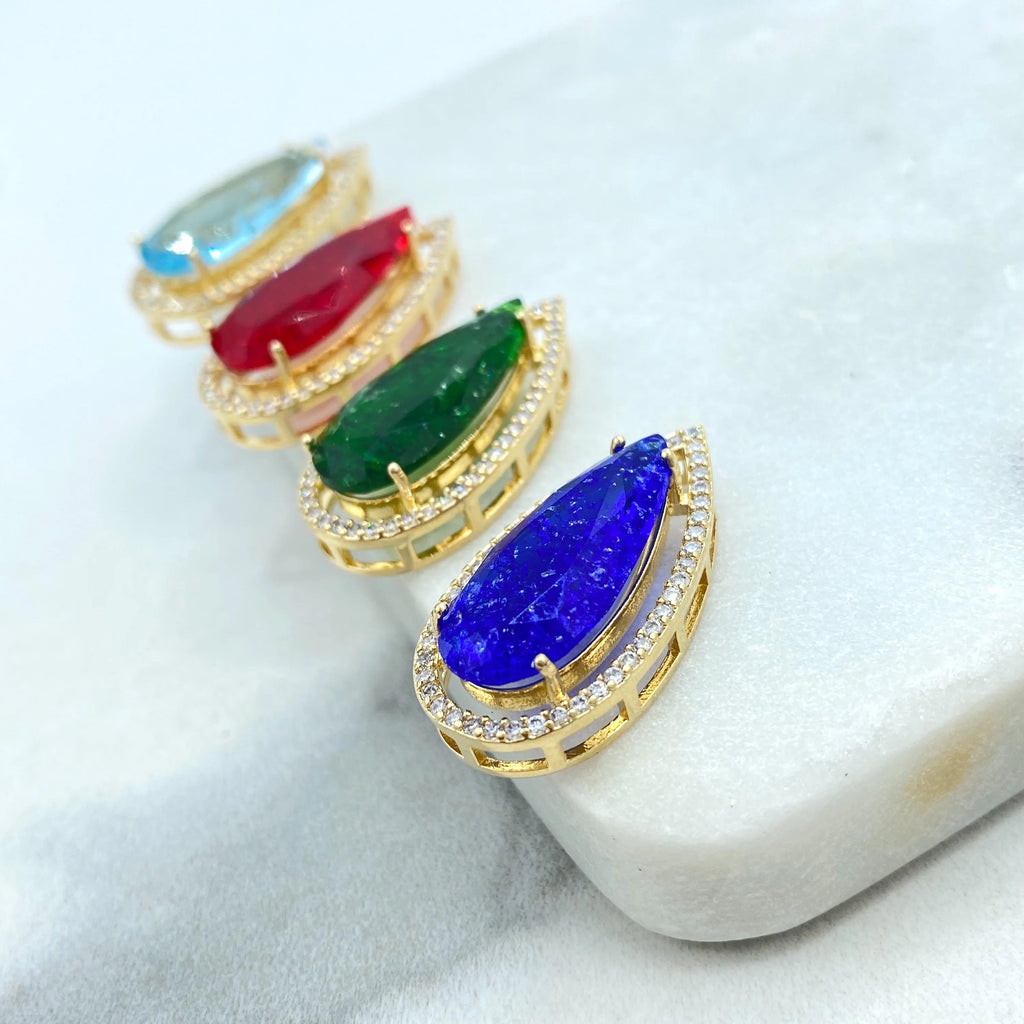 18k Gold Filled Pendant, Pear Shape Pendant with Simulated Emerald, Ruby, Sapphire or Aquamarine, CZ Halo, Gift for Her