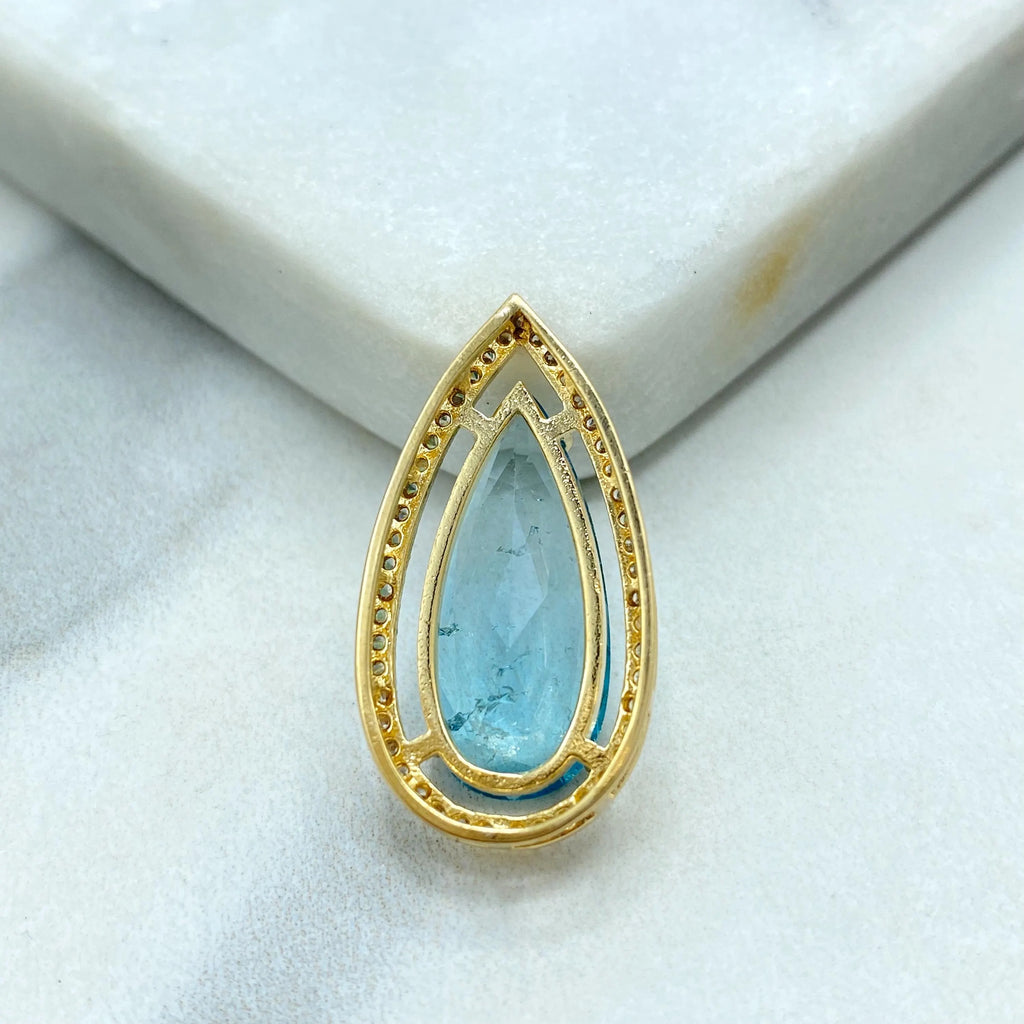 18k Gold Filled Pendant, Pear Shape Pendant with Simulated Emerald, Ruby, Sapphire or Aquamarine, CZ Halo, Gift for Her