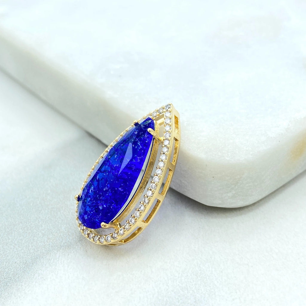 18k Gold Filled Pendant, Pear Shape Pendant with Simulated Emerald, Ruby, Sapphire or Aquamarine, CZ Halo, Gift for Her