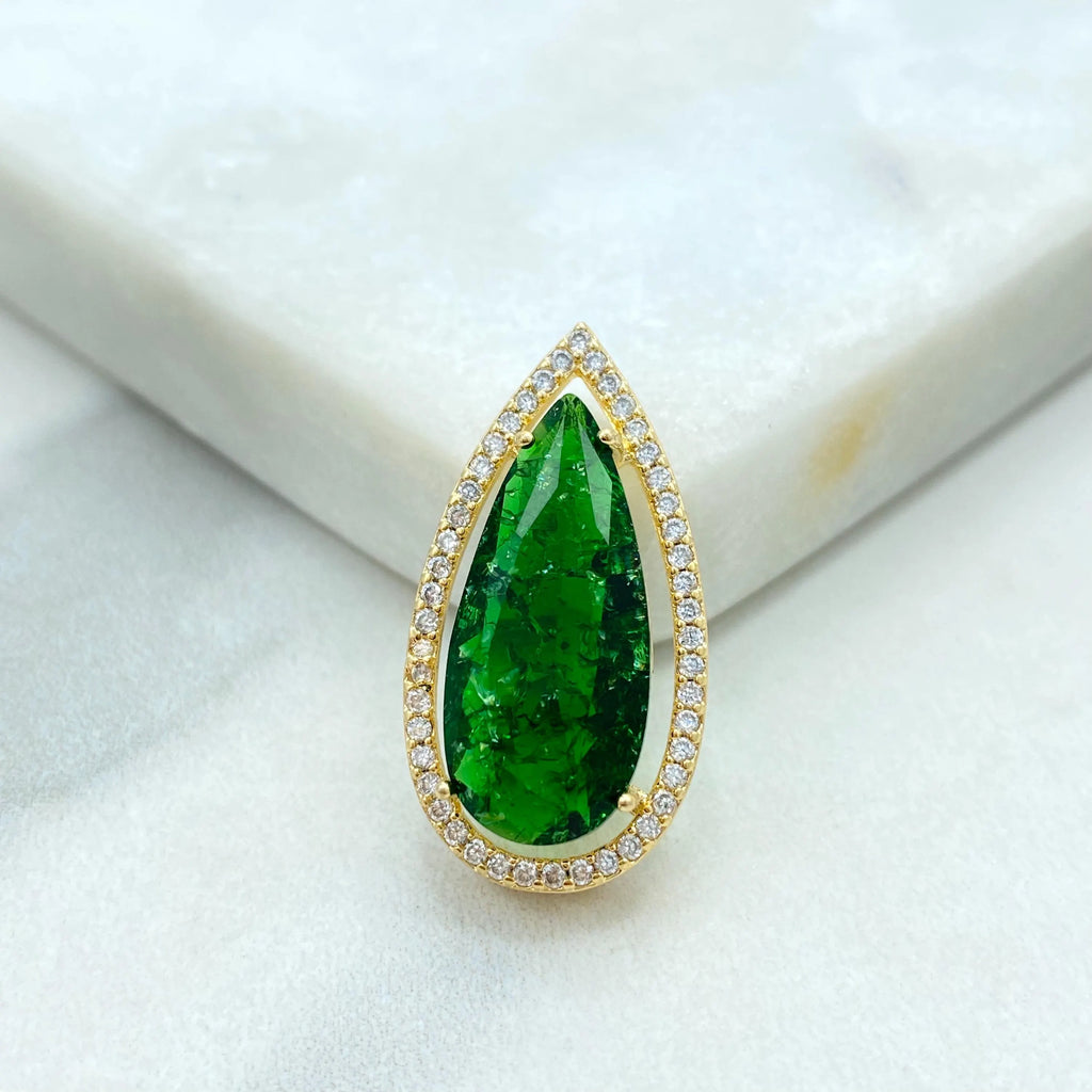 18k Gold Filled Pendant, Pear Shape Pendant with Simulated Emerald, Ruby, Sapphire or Aquamarine, CZ Halo, Gift for Her