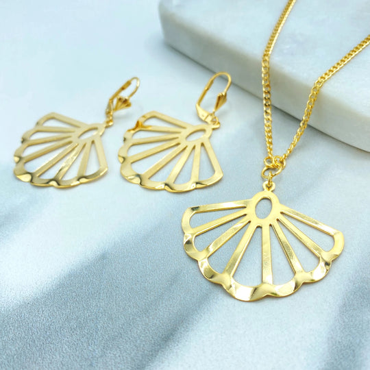 18k Gold Filled Shell Necklace and Earrings Set, Open Fan Shape Jewelry, Dainty Summer Gift for Her, Shell Jewelry Set