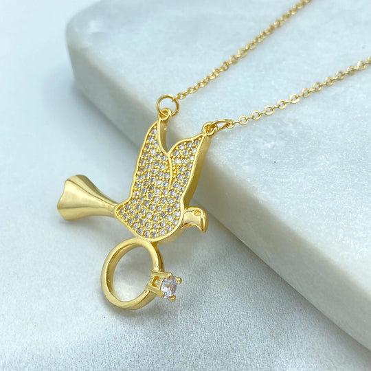 18k Gold Filled Necklace, Dove Holding Ring Pendant with CZ Stones, Adjustable Chain, Gift for Her