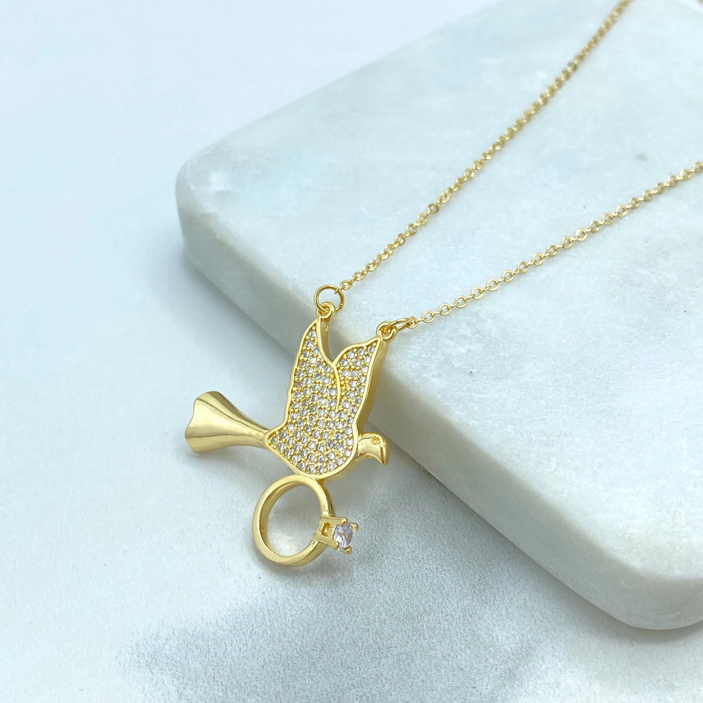 18k Gold Filled Necklace, Dove Holding Ring Pendant with CZ Stones, Adjustable Chain, Gift for Her