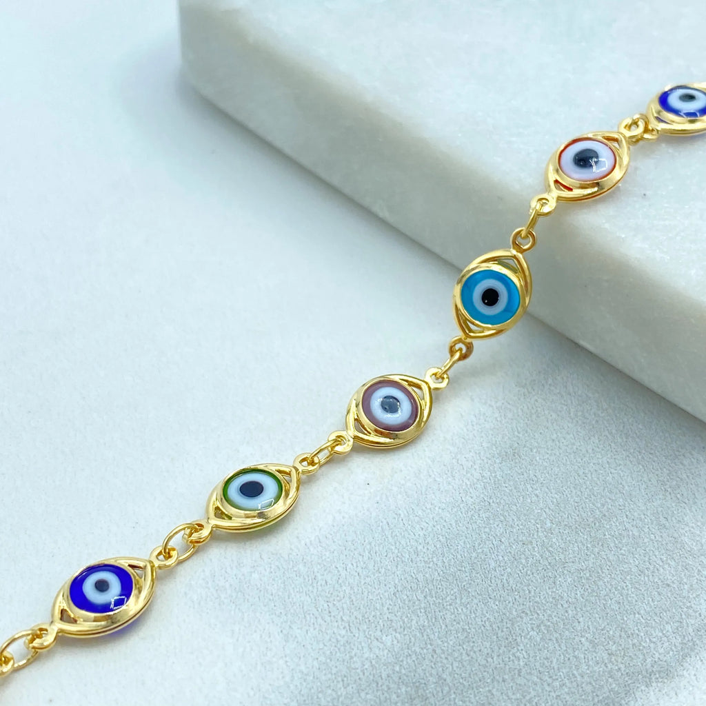 18k Gold Filled Linked Multi-Color Evil Eye Bracelet, Colorful Protection Jewelry, Rainbow Nazar Bracelet
