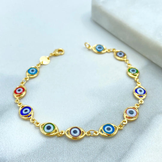 18k Gold Filled Linked Multi-Color Evil Eye Bracelet, Colorful Protection Jewelry, Rainbow Nazar Bracelet